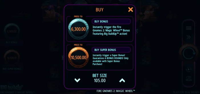 Fire Gnomes 2 Magic Wheel – menu nákupu bonusu